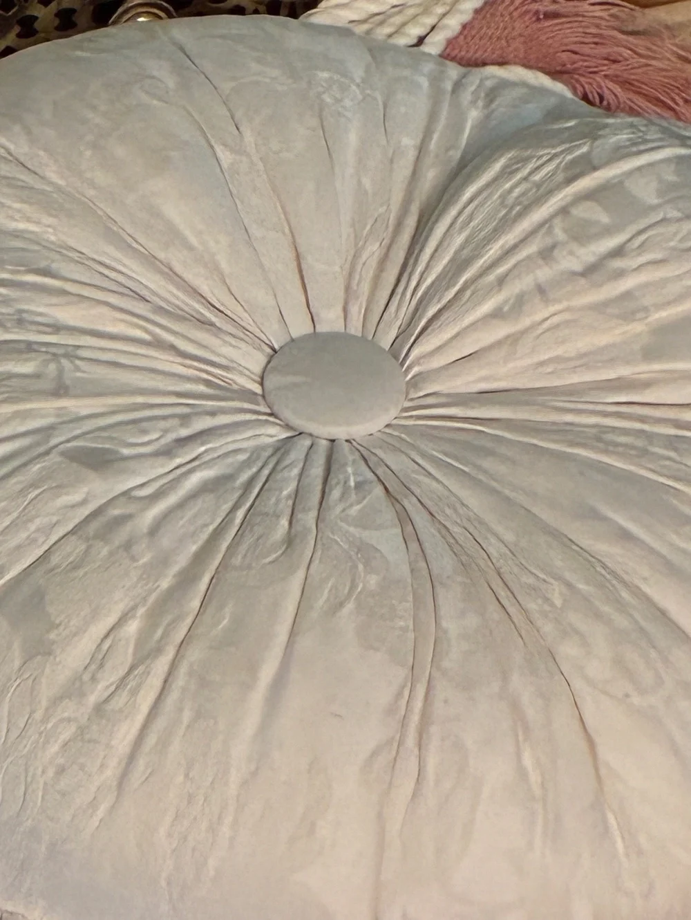 Round White accent Pillow with Twisted Fringe